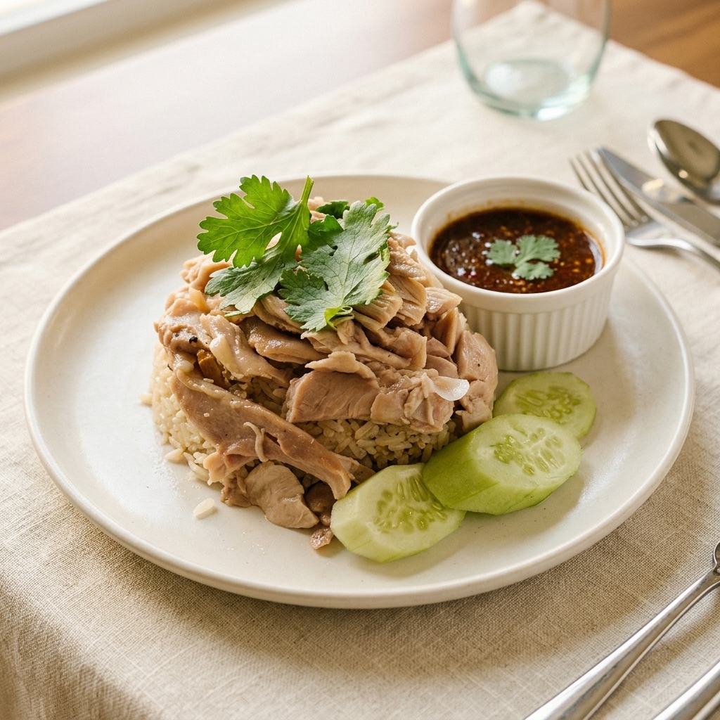 ข้าวมันไก่ซานเป่า — ไก่นุ่มเด้ง ข้าวมันเนย แตงกวาสด ผักชี ซุปใส